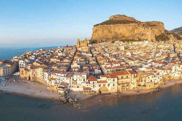 Cefalu, Sicily, Italy. Aerial cityscape at sunset