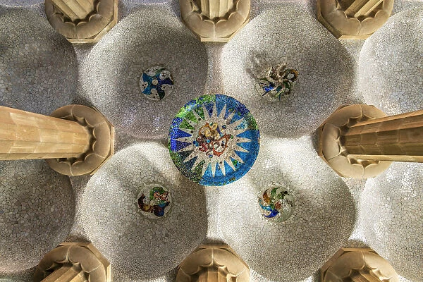 Ceiling mosaic in the Hypostyle Room, Park Guell, Barcelona, Catalonia, Spain
