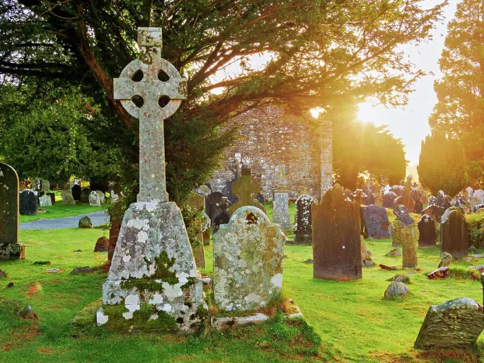 Framed Print : Celtic Cross with Cathedral ruins in the background at sunrise, Early Medieval Monastic Settlement, Glendalough, County Wicklow, Ireland Framed Print : Celtic Cross with Cathedral ruins in the background at sunrise, Early Medieval Monastic Settlement, Glendalough, County Wicklow, Ireland