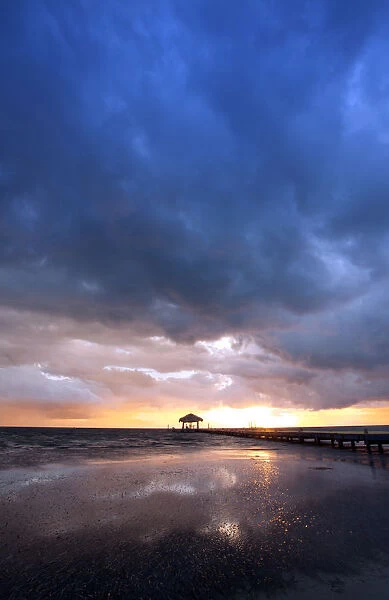 Central America, Belize, Lighthouse atoll, Long Caye, angry storm clouds at sunset