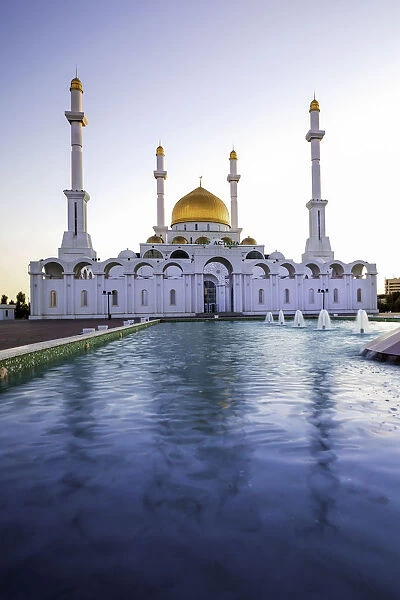 Central Asia, Kazakhstan, Astana, Nur Astana Mosque at dusk
