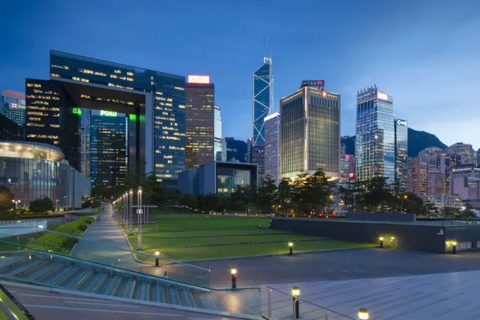 Framed Print : Central Government Offices and Tamar Park at dusk, Admiralty, Hong Kong Island, Hong Kong