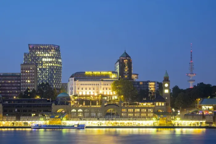 Framed Print : Central Hamburg skyline along Elbe River at night, looking towards St Framed Print : Central Hamburg skyline along Elbe River at night, looking towards St