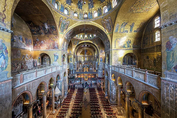 Central nave adorned with gold-ground mosaics, St Mark's Basilica, Venice, Veneto, Italy