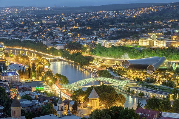 Central Tbilisi, buildings along the Kura (Mtkvari) river at night, Tbilisi (Tiflis)