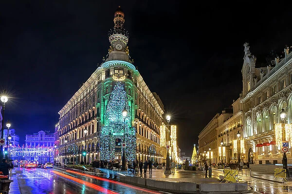 Centro Canalejas shopping arcade adorned with Christmas lights, Madrid, Spain