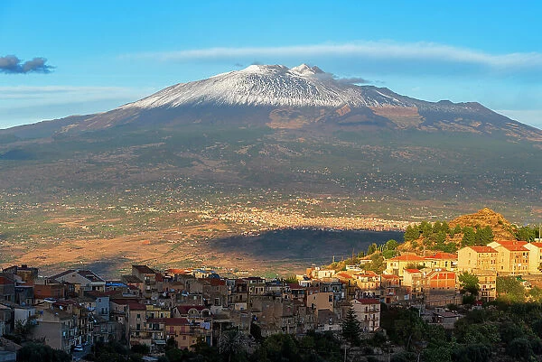 Centuripe old town seen from the drone with mount Etna in the background, winter view, Centuripe, Enna province, Sicily, Italy