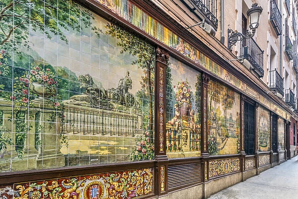 Ceramic tiles facade of a restaurant in the Barrio de las Letras or Literary Quarter