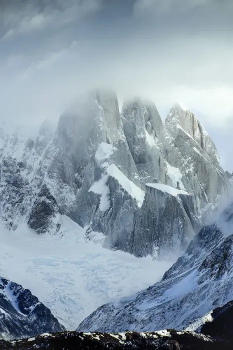 Framed Print : The Cerro Torre Mountain into the clouds taken near Laguna Torre into the Glacier