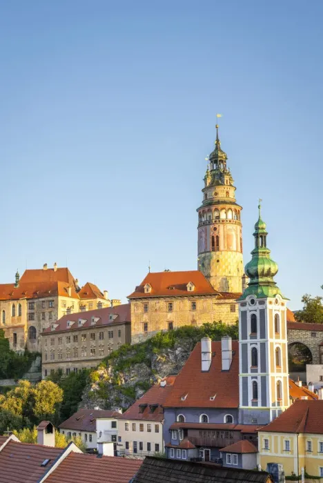 Framed Print : Cesky Krumlov Castle Tower and St. Jost Church at sunrise as seen from Seminar Garden, Cesky Krumlov, South Bohemian Region, Czech Republic Framed Print : Cesky Krumlov Castle Tower and St. Jost Church at sunrise as seen from Seminar Garden, Cesky Krumlov, South Bohemian Region, Czech Republic