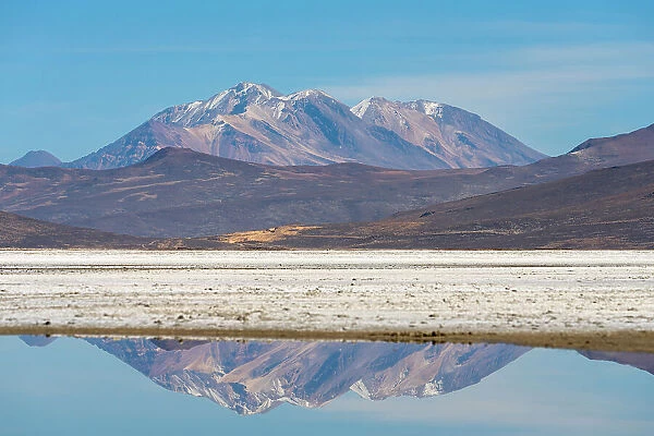 Chachani volcano reflected in a pool at salt flats, Salinas y Aguada Blanca National Reserve, Arequipa Province, Arequipa Region, Peru