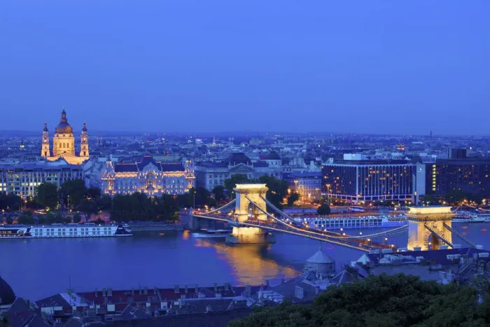 Framed Print : Chain Bridge, Four Seasons Hotel, Gresham Palace and St Stephens Basilica at Dusk Framed Print : Chain Bridge, Four Seasons Hotel, Gresham Palace and St Stephens Basilica at Dusk