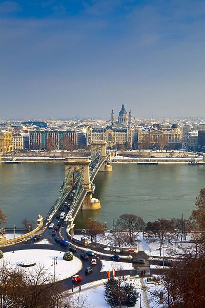 Chain Bridge, St. Stephens Basilica and River Danube, Budapest, Hungary