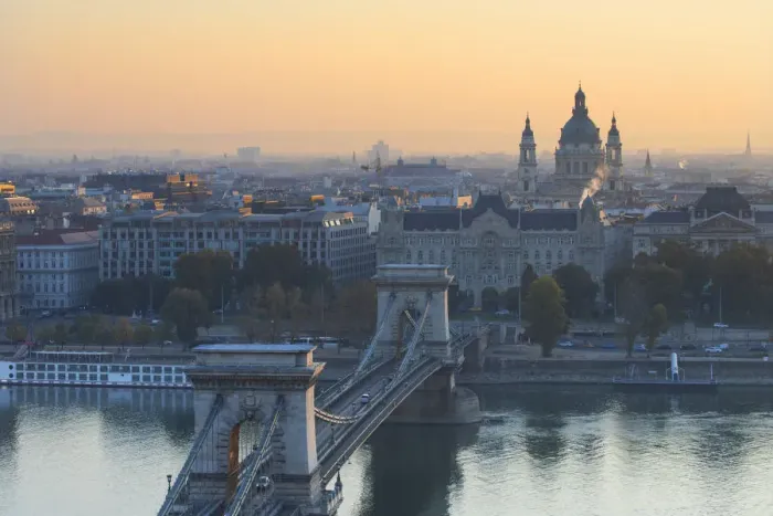 Framed Print : Chain Bridge (Szechenyi Bridge) and St Stephens Basilica at sunrise, Budapest, Hungary