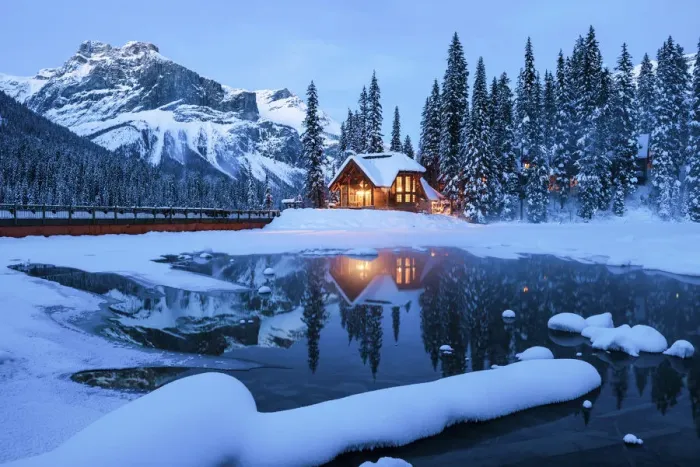 Framed Print : Chalet Reflections at Twilight, Emerald Lake, Yoho National Park, British Columbia