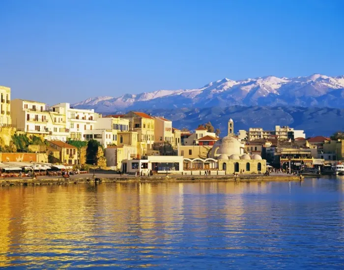 Framed Print : Chania waterfront and mountains in background, Chania, Crete, Greece, Europe Framed Print : Chania waterfront and mountains in background, Chania, Crete, Greece, Europe