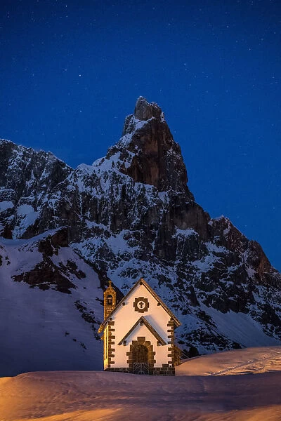 Chapel & Pala Group at Night in Winter, Dolomites, Trentino, Italy