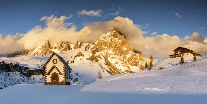 Framed Print : Chapel & Pala Group in Winter, Dolomites, Trentino, Italy