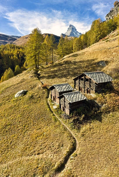 Characteristic huts in autumn with Matterhorn in the background