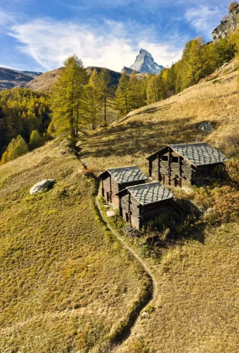 Framed Print : Characteristic huts in autumn with Matterhorn in the background