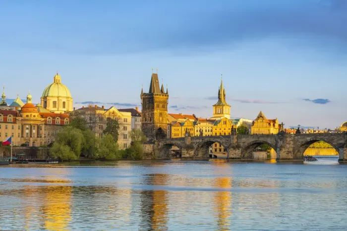 Framed Print : Charles Bridge and Church of Saint Francis of Assisi with Old Town Bridge Tower against sky at sunset, Prague, Bohemia, Czech Republic Framed Print : Charles Bridge and Church of Saint Francis of Assisi with Old Town Bridge Tower against sky at sunset, Prague, Bohemia, Czech Republic