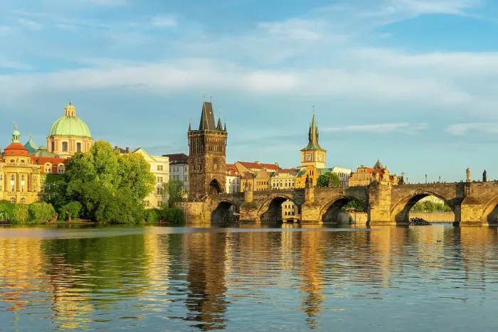 Framed Print : Charles Bridge and Church of Saint Francis of Assisi with Old Town Bridge Tower against sky at sunset, Prague, Bohemia, Czech Republic Framed Print : Charles Bridge and Church of Saint Francis of Assisi with Old Town Bridge Tower against sky at sunset, Prague, Bohemia, Czech Republic