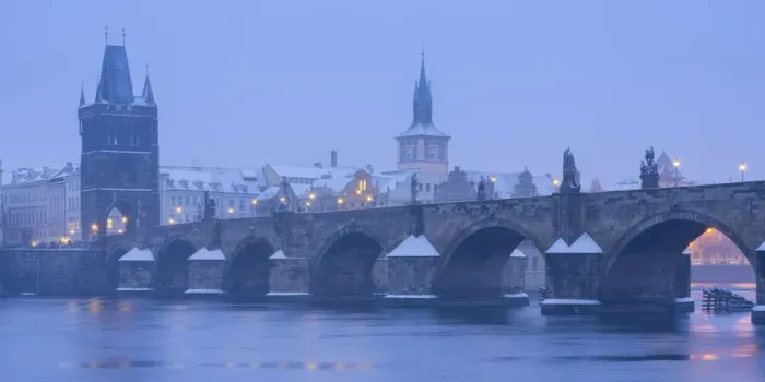 Framed Print : Charles Bridge and Old Town Bridge Tower against snowy sky in winter, Prague, Bohemia Framed Print : Charles Bridge and Old Town Bridge Tower against snowy sky in winter, Prague, Bohemia