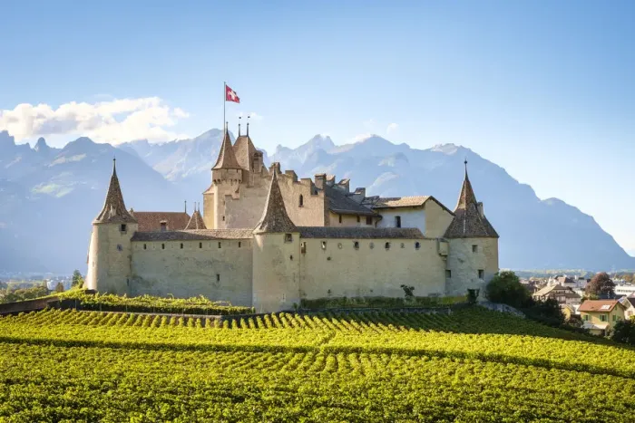 Framed Print : Chateau de Aigle Castle surrounded by vinefields during autumn harvest season, Aigle Framed Print : Chateau de Aigle Castle surrounded by vinefields during autumn harvest season, Aigle