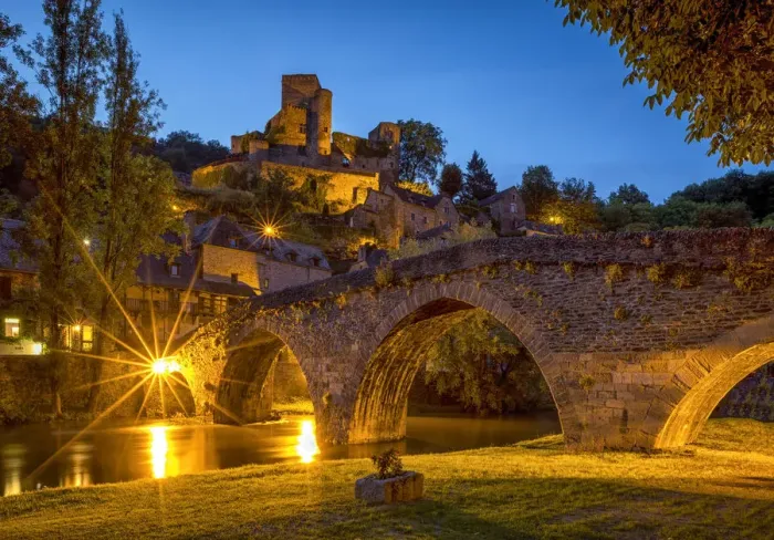 Framed Print : Chateau Belcastel & 15th Century Bridge over Aveyron River at Night, Belcastel Framed Print : Chateau Belcastel & 15th Century Bridge over Aveyron River at Night, Belcastel