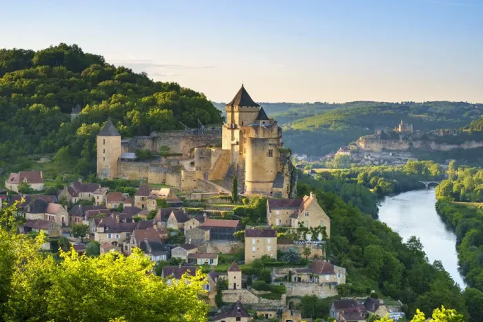 Framed Print : Chateau de Castelnaud castle and village over Dordogne River valley in late afternoon Framed Print : Chateau de Castelnaud castle and village over Dordogne River valley in late afternoon