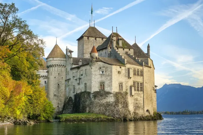 Framed Print : Chateau de Chillon on the shores of Lake Geneva (French: Lac Leman), Veytaux Framed Print : Chateau de Chillon on the shores of Lake Geneva (French: Lac Leman), Veytaux
