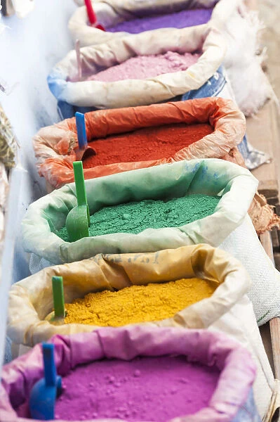 Chefchaouen, Morocco. Colorful dye powders