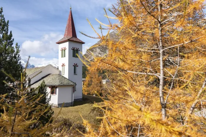 Framed Print : Chiesa Bianca of Maloja in autumn, Maloja, Bregaglia Valley, Canton of Graubunden, Engadin, Switzerland