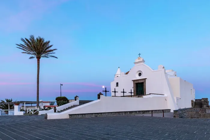 Framed Print : Chiesa del Soccorso at Dawn with Full Moon, Forio, Ischia, Campania, Italy