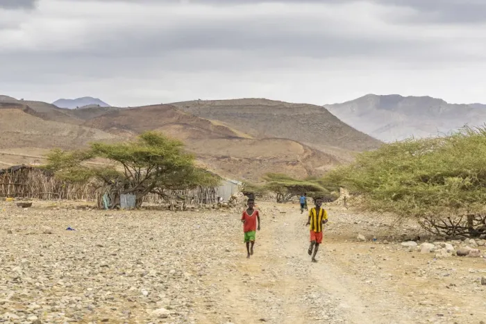 Framed Print : Children running in Melabday ethiopian village, Asso Bhole, Dallol, Danakil Depression