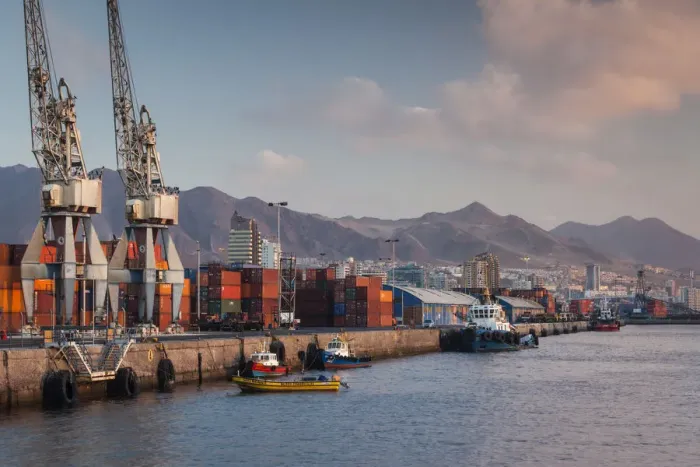 Framed Print : Chile, Antofagasta, harbor view with cargo cranes Framed Print : Chile, Antofagasta, harbor view with cargo cranes