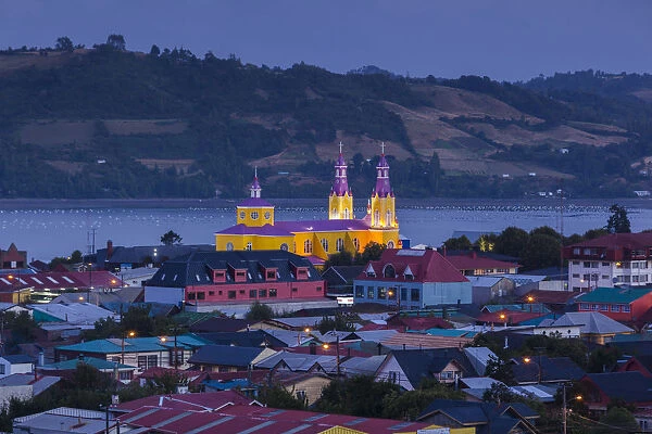 Chile, Chiloe Island, Castro, Iglesia de San Francisco church, elevated view, dusk