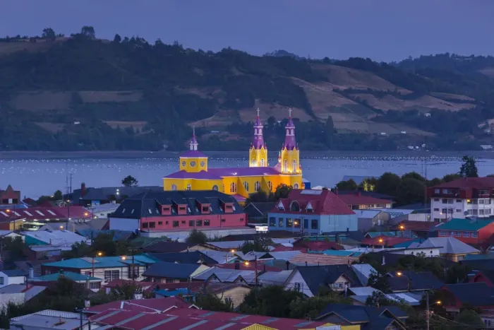 Framed Print : Chile, Chiloe Island, Castro, Iglesia de San Francisco church, elevated view, dusk Framed Print : Chile, Chiloe Island, Castro, Iglesia de San Francisco church, elevated view, dusk