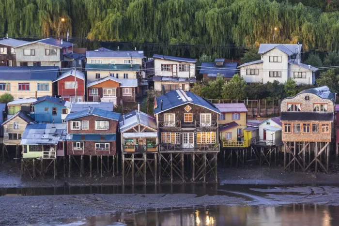 Framed Print : Chile, Chiloe Island, Castro, palafito stilt houses, elevated view Framed Print : Chile, Chiloe Island, Castro, palafito stilt houses, elevated view