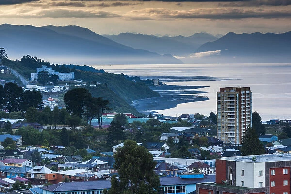 Chile, Los Lagos Region, Puerto Montt, elevated town view