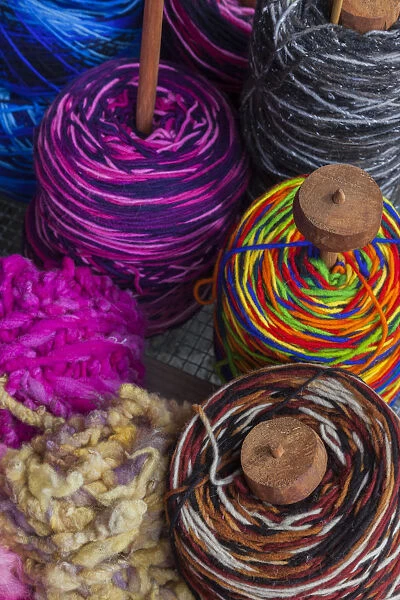 Chile, Los Lagos Region, Puerto Montt, Angelmo harbor market, Chiloe wool yarn dyed