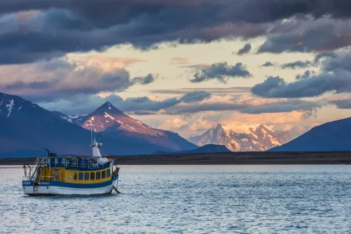 Framed Print : Chile, Magallanes Region, Puerto Natales, Seno Ultima Esperanza bay, tour boat Framed Print : Chile, Magallanes Region, Puerto Natales, Seno Ultima Esperanza bay, tour boat