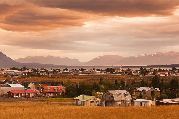 Chile, Magallanes Region, Puerto Natales, elevated town view