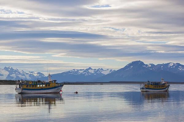 Chile, Magallanes Region, Puerto Natales, tour boats on Seno Ultima Esperanza bay
