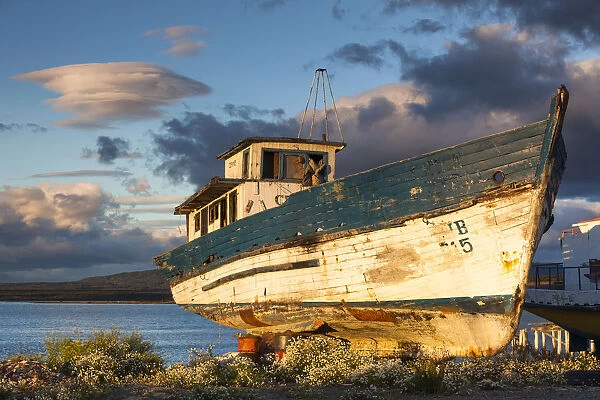 Chile, Magallanes Region, Puerto Natales, Seno Ultima Esperanza bay, fishing boats, dawn