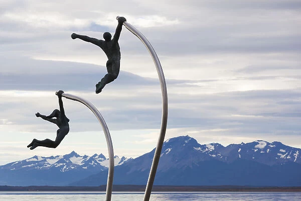 Chile, Magallanes Region, Puerto Natales, Seno Ultima Esperanza bay, waterfront sculpture