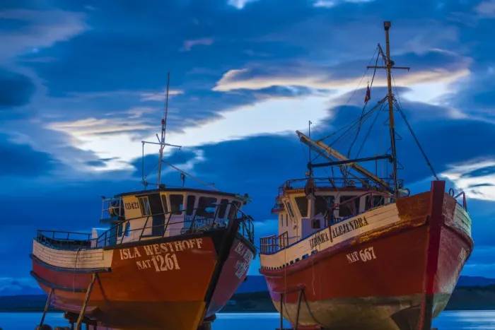 Framed Print : Chile, Magallanes Region, Puerto Natales, Seno Ultima Esperanza bay, fishing boats, dusk Framed Print : Chile, Magallanes Region, Puerto Natales, Seno Ultima Esperanza bay, fishing boats, dusk