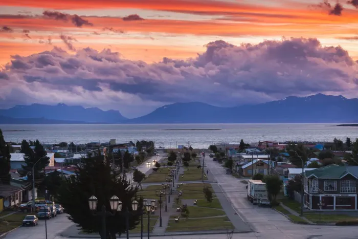 Framed Print : Chile, Magallanes Region, Puerto Natales, elevated town view Framed Print : Chile, Magallanes Region, Puerto Natales, elevated town view