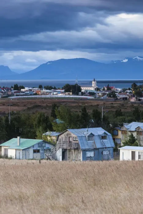 Framed Print : Chile, Magallanes Region, Puerto Natales, elevated town view Framed Print : Chile, Magallanes Region, Puerto Natales, elevated town view