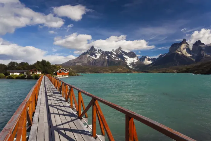 Framed Print : Chile, Magallanes Region, Torres del Paine National Park, Lago Pehoe, footbridge